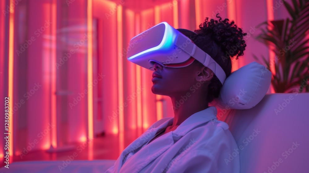 Poster a person sits comfortably wearing virtual reality goggles in a soothing environment filled with soft