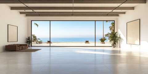 Obraz premium A serene room featuring a large window that offers a breathtaking view of the ocean, creating a tranquil and inviting atmosphere.