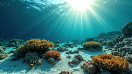 Naklejka premium Sunlit underwater view of bleached coral reef on sandy ocean floor 