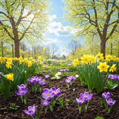 Blühende Krokusse und Osterglocken in einem Park 