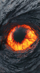 A mesmerizing close-up of volcanic rock with a glowing orange eye.