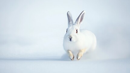 Obraz premium Fluffy white rabbit bounding through soft, untouched snow under