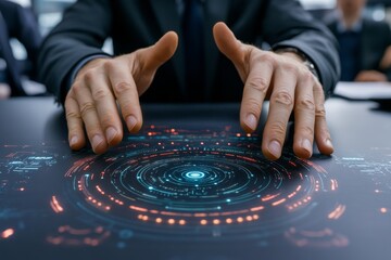 Naklejka premium Engineer, Scientists and Developers Gathered Around Illuminated Conference Table in Technology Research Center, Talking, Finding Solution and Analysing Industrial Engine Design Close-up Hands