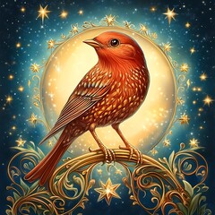 Red Bird on Ornate Branch in Celestial Night Scene
