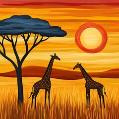 Two Giraffes in Golden African Savanna Sunset