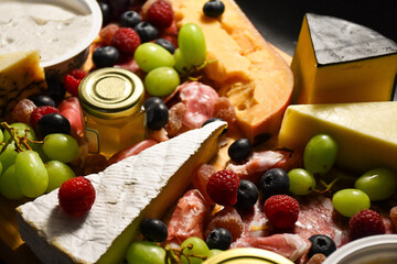 cheese, berry and chark products on a plate 