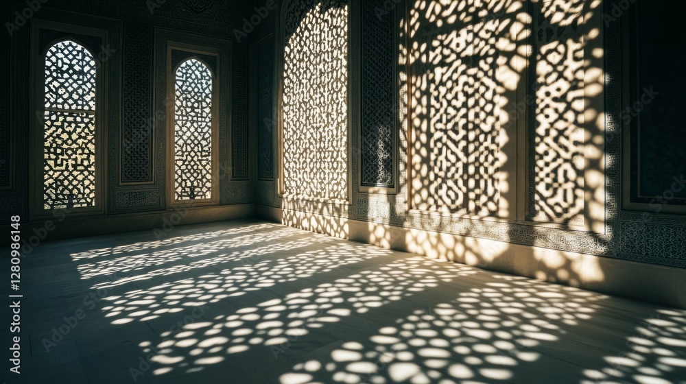Poster sunlight filters through ornate windows, creating delicate patterns on the interior wall. the intric