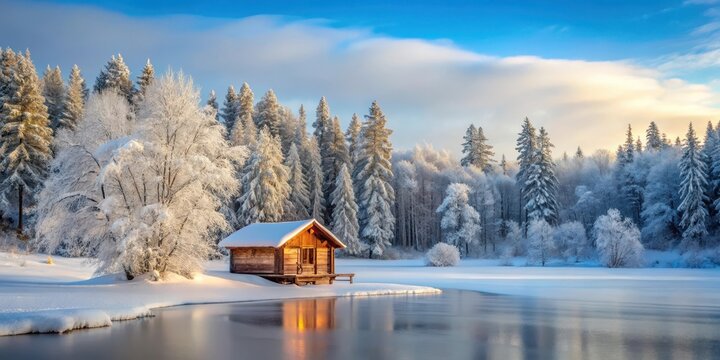 Winter landscape with a small wooden cabin surrounded by snow-covered trees and a frozen lake in the background , almh?tte, forest