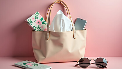 Beige handbag with napkins and accessories on pink background
