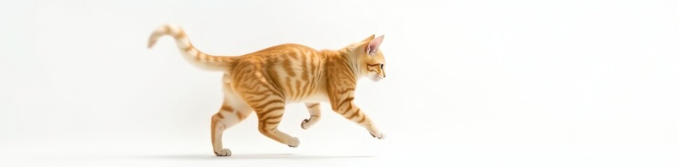 Obraz premium Side view of playful orange tabby cat in motion, white background, happy, pet