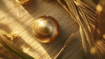 Obraz premium An overhead shot of a premium product elegantly placed in a high-end setting with soft golden hues