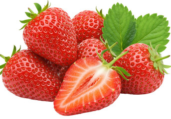 Isolated A Pile of Fresh Red Strawberries with Leaves