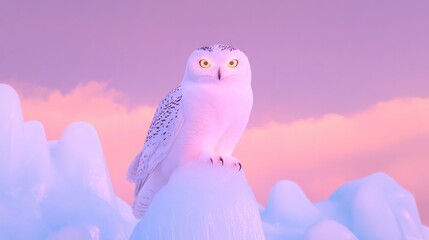 Obraz premium Majestic owl perched on snowy peak, illuminated by soft pastel s