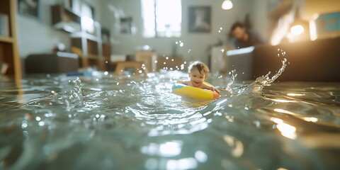 Child laughs while floating on a toy in a flooded living room during a playful afternoon