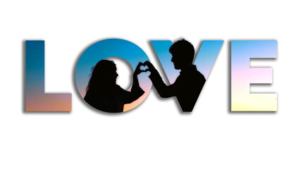 The word 'LOVE' is filled an image of a couple They stand close, Making heart with hands, glowing background that highlights the warmth of their connection. Image in Bold Text .

