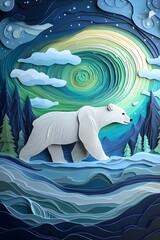 Polar Bear in Paper Cut-Out Landscape Under Swirling Sky