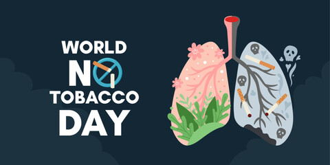 World No Tobacco Day. Banner vector template. Lungs of a smoker and a healthy person.