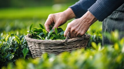 Tea Picker Hands Placing Fresh Leaves into Basket Isolated Background