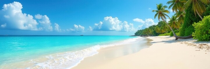 Fototapeta premium Azure sky over pristine sandy beach, turquoise waves , outdoor, beach