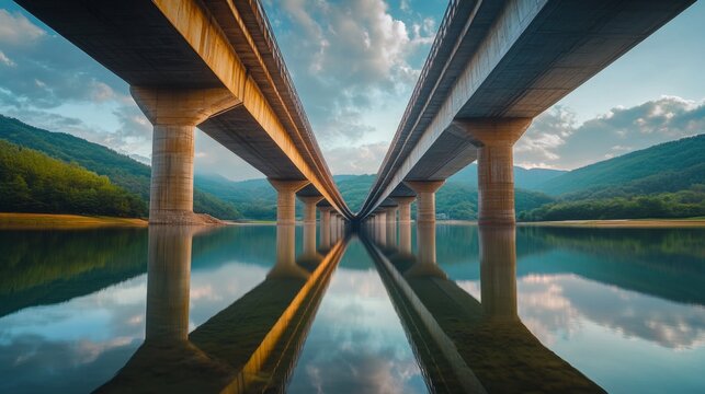 Stunning symmetrical view of twin bridges reflecting over serene water and mountain landscape