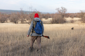Mature hunter man holding a shotgun and walking through a field