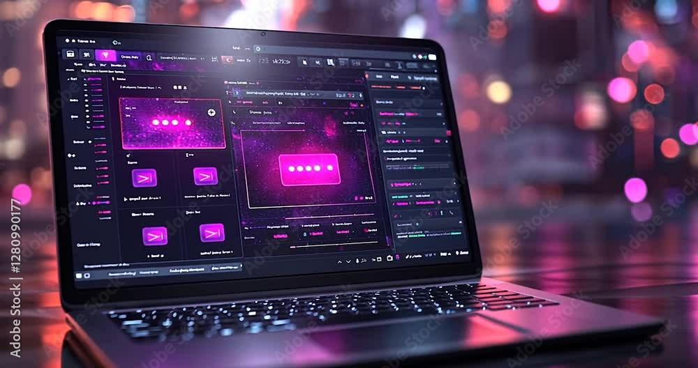Aufkleber Laptop with a open screen on a desk, bokeh background, digital display with a futuristic interface, pink and purple shades