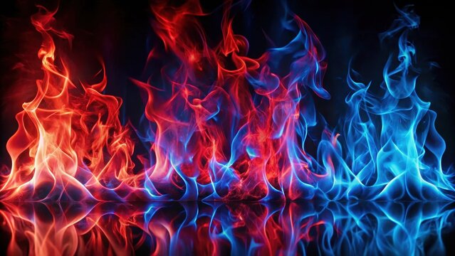 Dancing flames in vibrant red and blue hues, mesmerizing display, pyrope art,  mesmerizing display