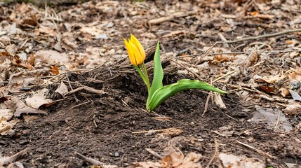 Single Yellow Tulip Emerging from Soil Spring Bloom