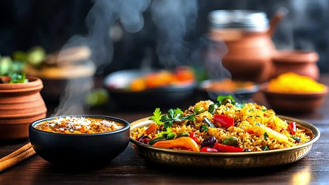 Delicious biryani and curry served in a warm, inviting atmosphere with aromatic steam rising