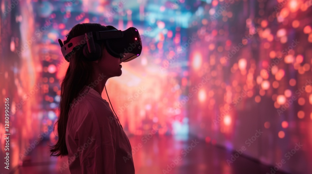 Leinwandbilder a person engages with a virtual reality headset while surrounded by a vibrant display of abstract co