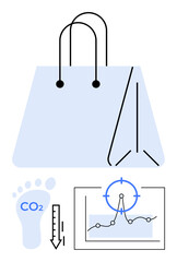 Shopping bag, carbon footprint icon, downward arrow, and data graph. Ideal for eco-consumerism, sustainability, data insights, emission tracking, green economy retail impact abstract line flat