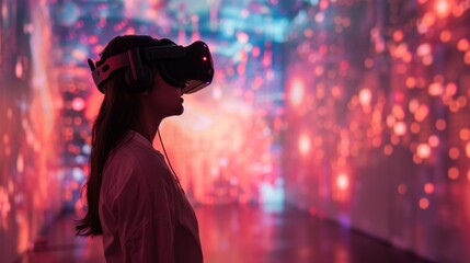 Obraz premium A person engages with a virtual reality headset while surrounded by a vibrant display of abstract colors, participating in a digital therapy session focused on mindfulness and mental well being.