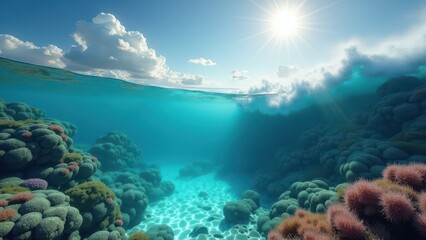 Fototapeta premium Underwater view of coral reef affected by bleaching in clear shallow water 