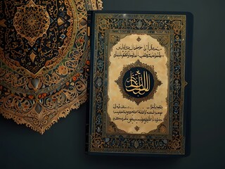 Fototapeta premium Ornate Islamic Book with Intricate Design on Dark Background