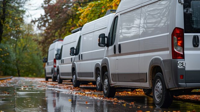 Fleet of new white delivery vans on wet asphalt showcasing logistics and transportation industry