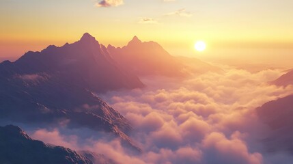 Majestic Mountain Range Above Clouds at Sunrise with Soft Light