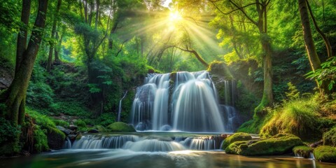 Fototapeta premium waterfall in dense forest with sunlight filtering through leaves, tranquil atmosphere