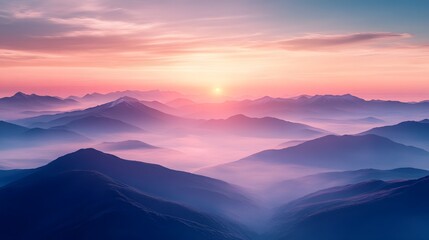 Fototapeta premium Serene Sunrise Over Majestic Mountain Range and Misty Valley
