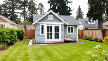 Small modern house in a suburban garden, showcasing efficient architecture, cozy home design, green landscaping, and residential housing solutions.
