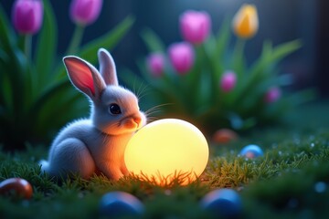 Fototapeta premium A Curious Young White Bunny Sitting Next to a Glowing Yellow Easter Egg Surrounded by Colorful Tulips and Easter Eggs in a Lush Green Garden During Springtime