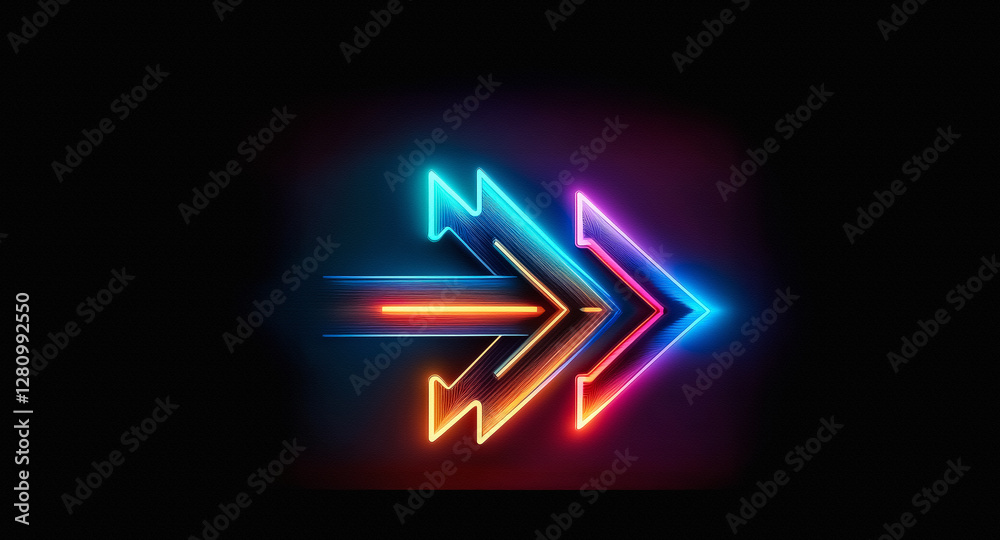 Poster vibrant neon arrows, glowing in blue, orange, and red, point dynamically to the right against a star