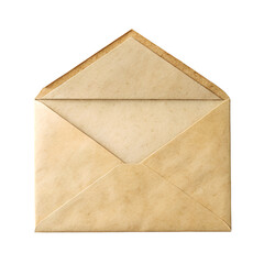 Opened aged paper envelope, revealing its textured interior Isolated on a transparent background, PNG.