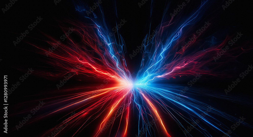 Poster Vibrant red and blue energy streams burst from a central point on a dark backdrop, creating a dynamic and abstract display of light and motion.
