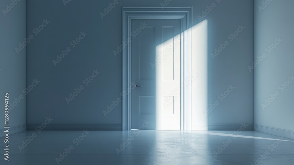 Poster a softly illuminated white room features an open door that allows a stream of light to flow inward, 