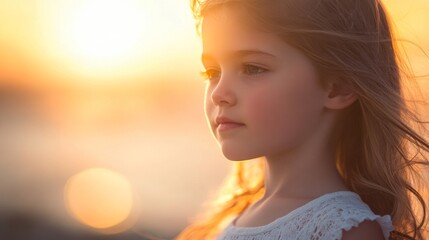 Young girl gazing at sunset with soft light and gentle breeze