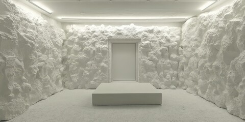 A minimalist white room features a sleek white table, emphasizing simplicity and modern design with a clean and uncluttered aesthetic.