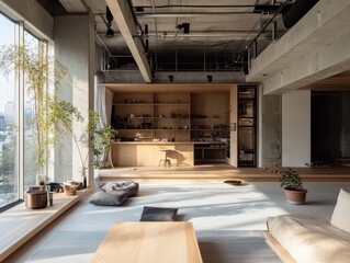 Modern living room with large windows and natural light