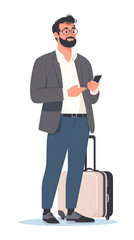 A businessman holding an phone and briefcase, standing in front of the camera, flat ilustration style
