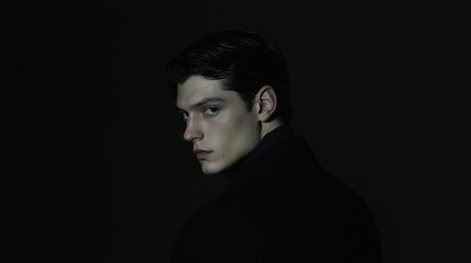 Fototapeta premium A timeless portrait of a man with slicked-back hair and a strong jawline, 