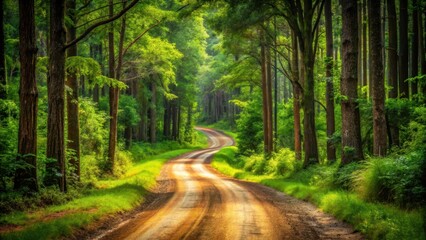Obraz premium Dirt Road Winding Through Lush Forest, trees, natural scenery, trees, natural scenery